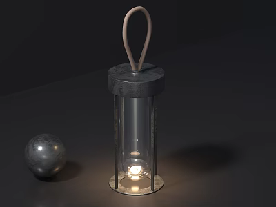 Transparent Glass Lantern Featuring Brown Loop Handle Lit Candle And Silver Sphere On Dark Background 3d model