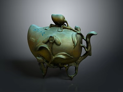 Traditional Decorative Bronze Teapot With Peach Shaped Lid Leaf Decorations Vine Design And Stand Base 3d model