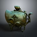 Traditional Decorative Bronze Teapot With Peach Shaped Lid Leaf Decorations Vine Design And Stand Base