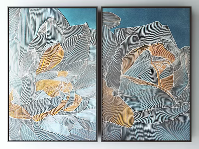 Two Panel Modern Decorative Paintings With Blue White Gold Floral Line Design 3d model