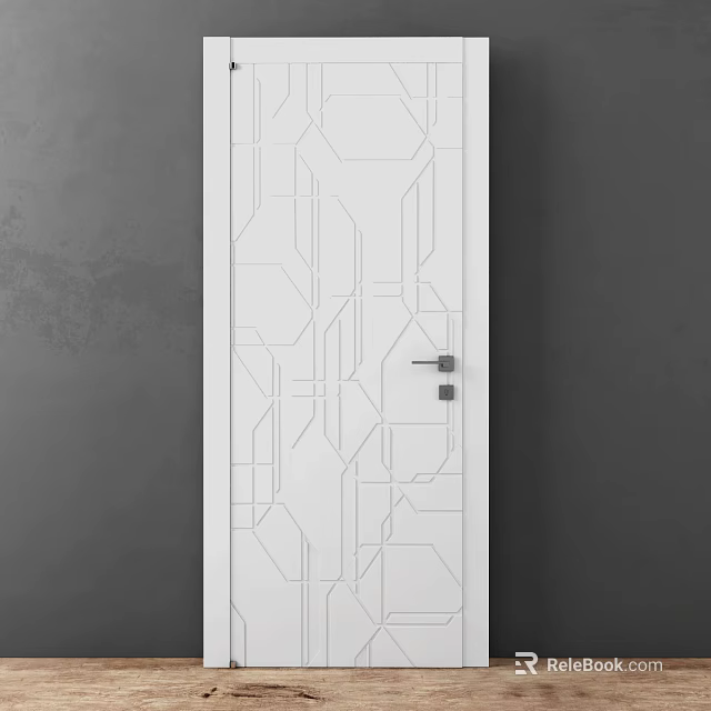 Modern White Swing Door With Geometric Patterns And Black Handle On Gray Background 3d model 