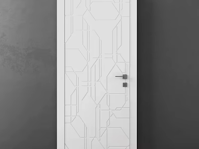 Modern White Swing Door With Geometric Patterns And Black Handle On Gray Background 3d model