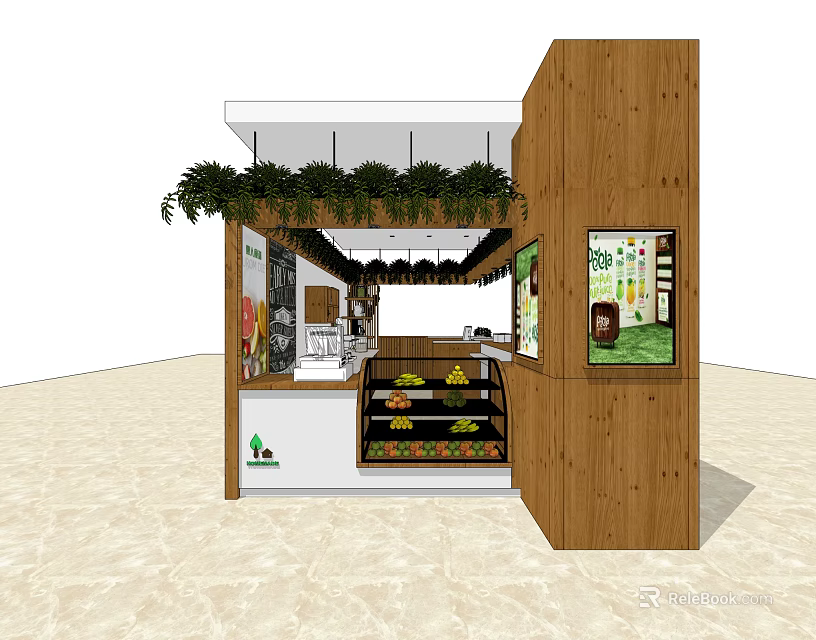Wooden Reception Desk With Hanging Green Plants And Fruit Display Shelves 3d model 
