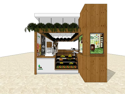 Wooden Reception Desk With Hanging Green Plants And Fruit Display Shelves 3d model