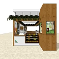 Wooden Reception Desk With Hanging Green Plants And Fruit Display Shelves
