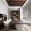 Conference Room Interior With Long Wooden Table White Chairs Projector Screen Bookshelves And Recessed Lights