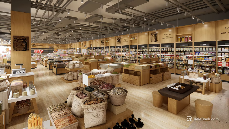 Spacious Bright Supermarket Interior With Wooden Shelves And Various Goods 3d model 