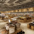 Spacious Bright Supermarket Interior With Wooden Shelves And Various Goods