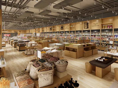 Spacious Bright Supermarket Interior With Wooden Shelves And Various Goods 3d model