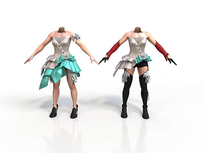 Woman In Silver Top And Green Skirt With Red Gloves And Black Stockings 3d model