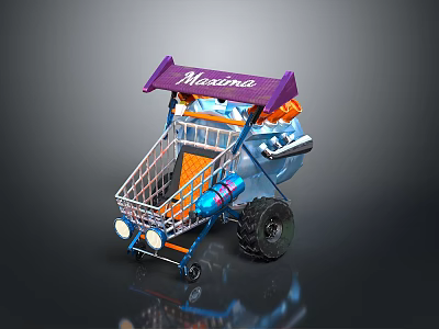 Maxima Shopping Cart Filled With Household Items And Large Wheels Design 3d model