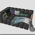 Multi Person Black Sofa With Colorful Pillows And Patterned Blanket Design