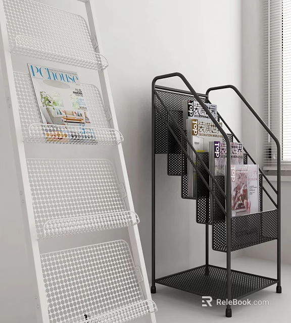 White and Black Grid Design Display Shelves with Magazines in Modern Room 3d model 