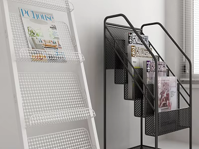 White and Black Grid Design Display Shelves with Magazines in Modern Room 3d model