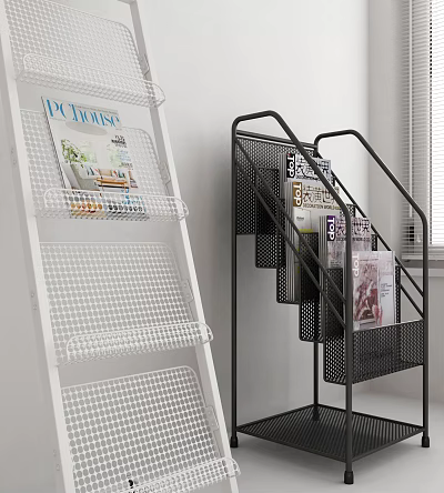 White and Black Grid Design Display Shelves with Magazines in Modern Room 3d model