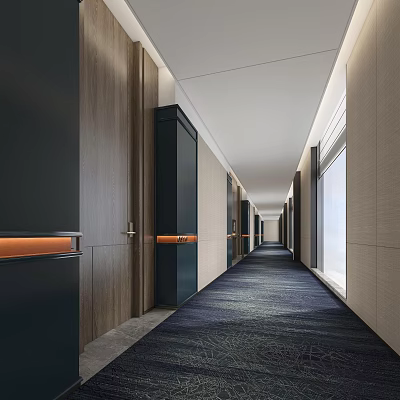 Modern Hotel Corridor With Wooden Panel Walls Soft Lighting And Carpeted Floor 3d model