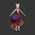 Game And Movie Female Character With White Fox Ears And Elegant Red Purple Dress