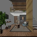 Modern Duplex Interior Design With Wooden Flooring Staircase Green Plant And Golden Screen Partition
