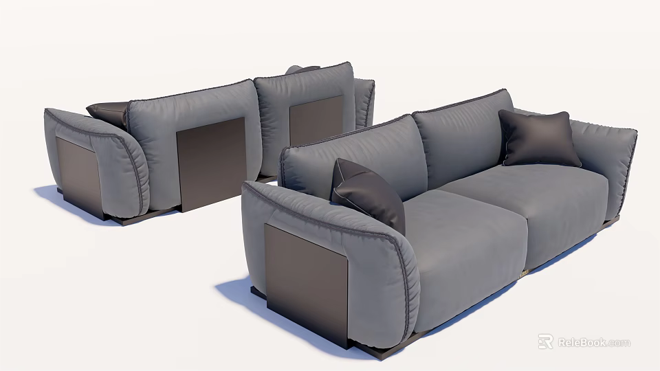Modern Grey Two Seater Sofa With Dark Side Panels And Soft Decorative Pillows 3d model 