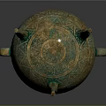 Ancient Bronze Vessel With Three Spires Ring Handles And Decorative Patterns On Slender Base 3d model