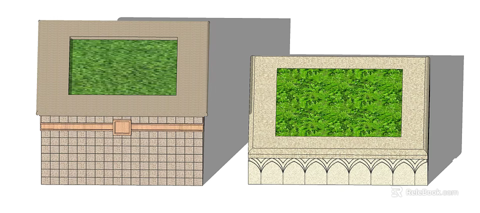 Decorative Tree Planters With Green Vegetation And Arched Grid Patterned Bases 3d model