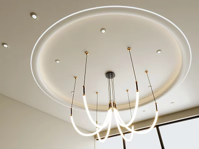 Modern Circular Ceiling Design With LED Strip Lights Recessed Spotlights And Hanging Curved Pendant Lights 3d model