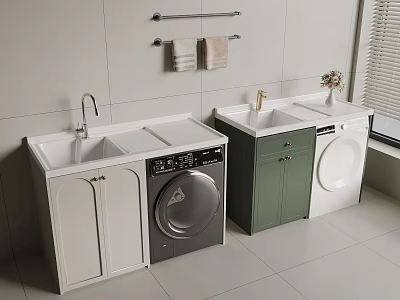 Modern Laundry Cabinets White And Green With Washing Machine Sink And Tiled Wall 3d model