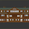 Cartoon Style Wooden House Scene With Green Roof Multi Story Balconies And Chimneys