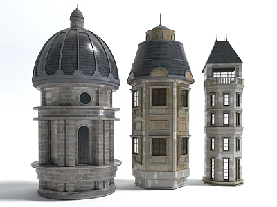 Architectural Building Components Featuring Stone Domes Brick Towers And Windows With Sloped Roofs 3d model