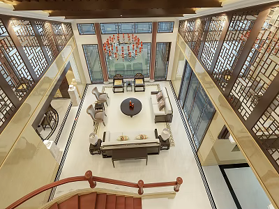 Duplex Living Room Interior With High Ceiling Wooden Lattice Chandelier Sofa And Staircase 3d model