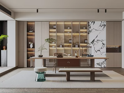 Modern Tea Room Interior With Wooden Tea Table Tea Sets And Decorative Plants 3d model