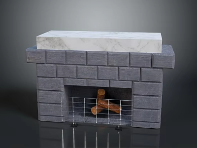 Gray Brick Fireplace Featuring White Marble Top And Wood Logs With Metal Grate 3d model