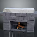 Gray Brick Fireplace Featuring White Marble Top And Wood Logs With Metal Grate