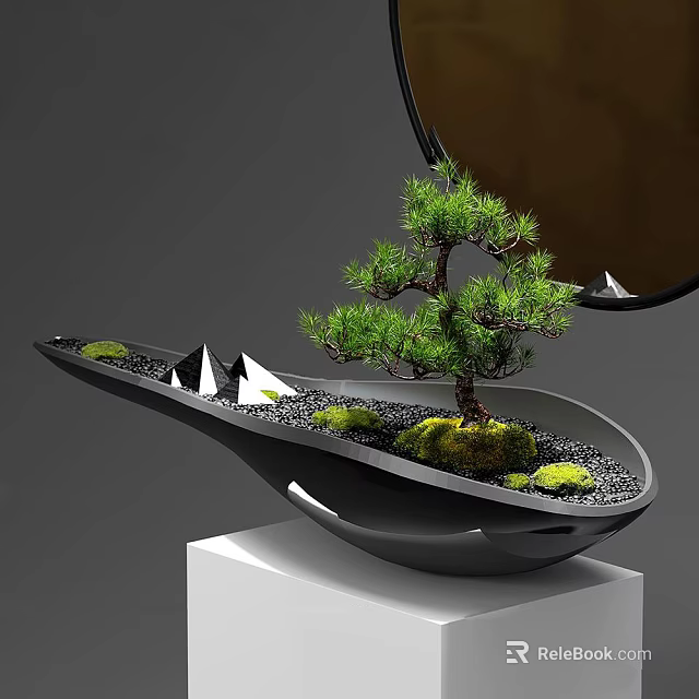 Pine Bonsai Plant in Black Boat Shaped Pot with Moss Stones and White Triangular Decor 3d model 