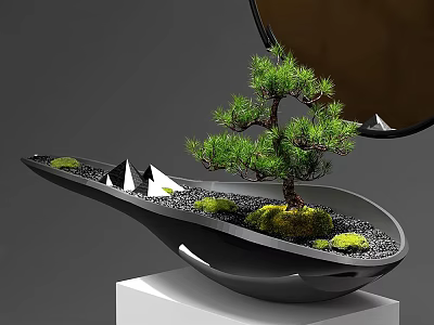 Pine Bonsai Plant in Black Boat Shaped Pot with Moss Stones and White Triangular Decor 3d model