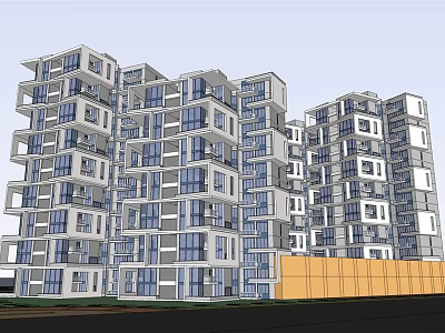 Modern High Rise Building With Glass Facade Balconies And Orange Fence 3d model