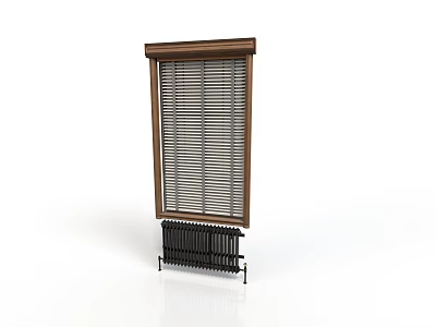 Brown Wooden Window Blinds With Black Radiator Placed Below In Home Living Space 3d model