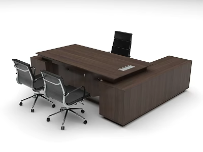 Dark Wood L Shaped Office Desk with Three Ergonomic Swivel Chairs 3d model