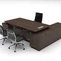 Dark Wood L Shaped Office Desk with Three Ergonomic Swivel Chairs