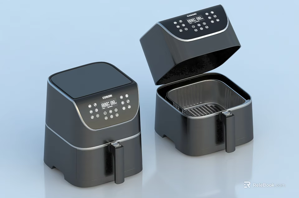 Black Kitchen Air Fryers With Open And Closed Lids And Control Panels 3d model 