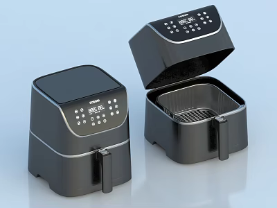 Black Kitchen Air Fryers With Open And Closed Lids And Control Panels 3d model
