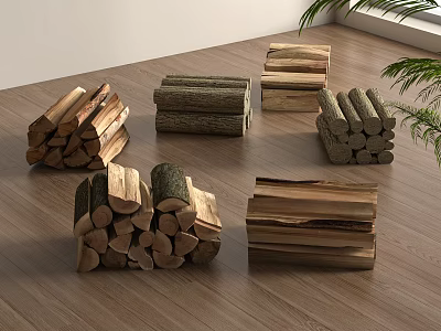 Stacked Stone Wood Firewood Piles On Wooden Floor With Green Plant 3d model