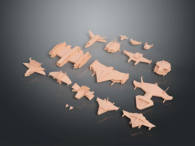 Light Brown Paper Airplane Craft Models With Various Designs Displayed On Dark Background 3d model