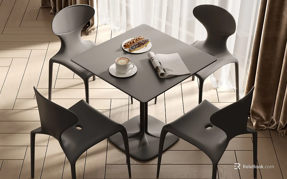Modern Square Dining Table With Four Black Chairs Coffee Cup Dessert Newspaper In Interior 3d model 