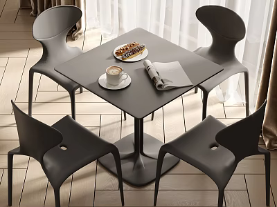 Modern Square Dining Table With Four Black Chairs Coffee Cup Dessert Newspaper In Interior 3d model
