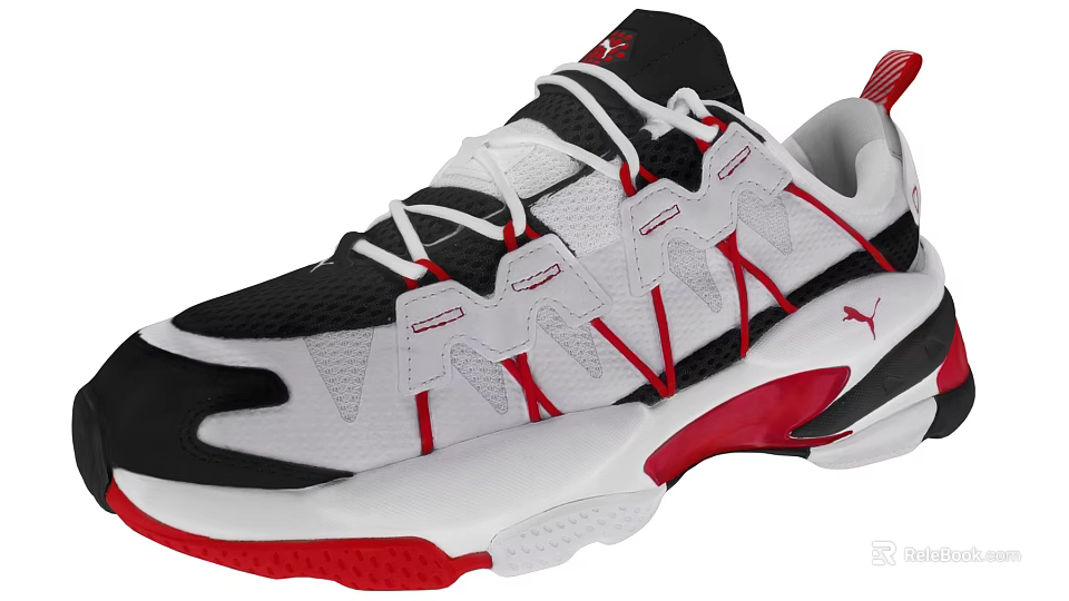 Stylish Black White Red Sports Shoes With White Laces Red Sole And Logo Design 3d model 