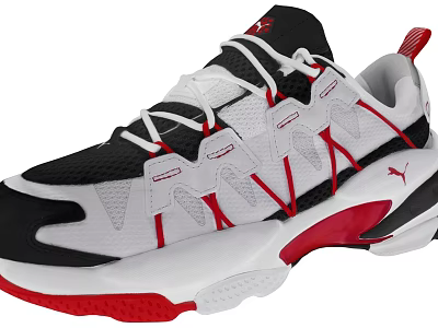 Stylish Black White Red Sports Shoes With White Laces Red Sole And Logo Design 3d model