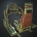 Vintage Mechanical Cockpit Seat With Dashboard Steering Wheel Red Cushion And Green Frame