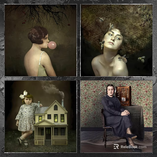 Vintage Photo Frames Featuring Retro Portraits Of Women Children And Scenic House 3d model 