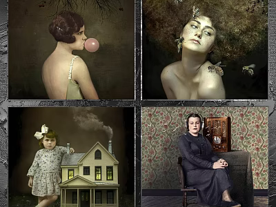 Vintage Photo Frames Featuring Retro Portraits Of Women Children And Scenic House 3d model